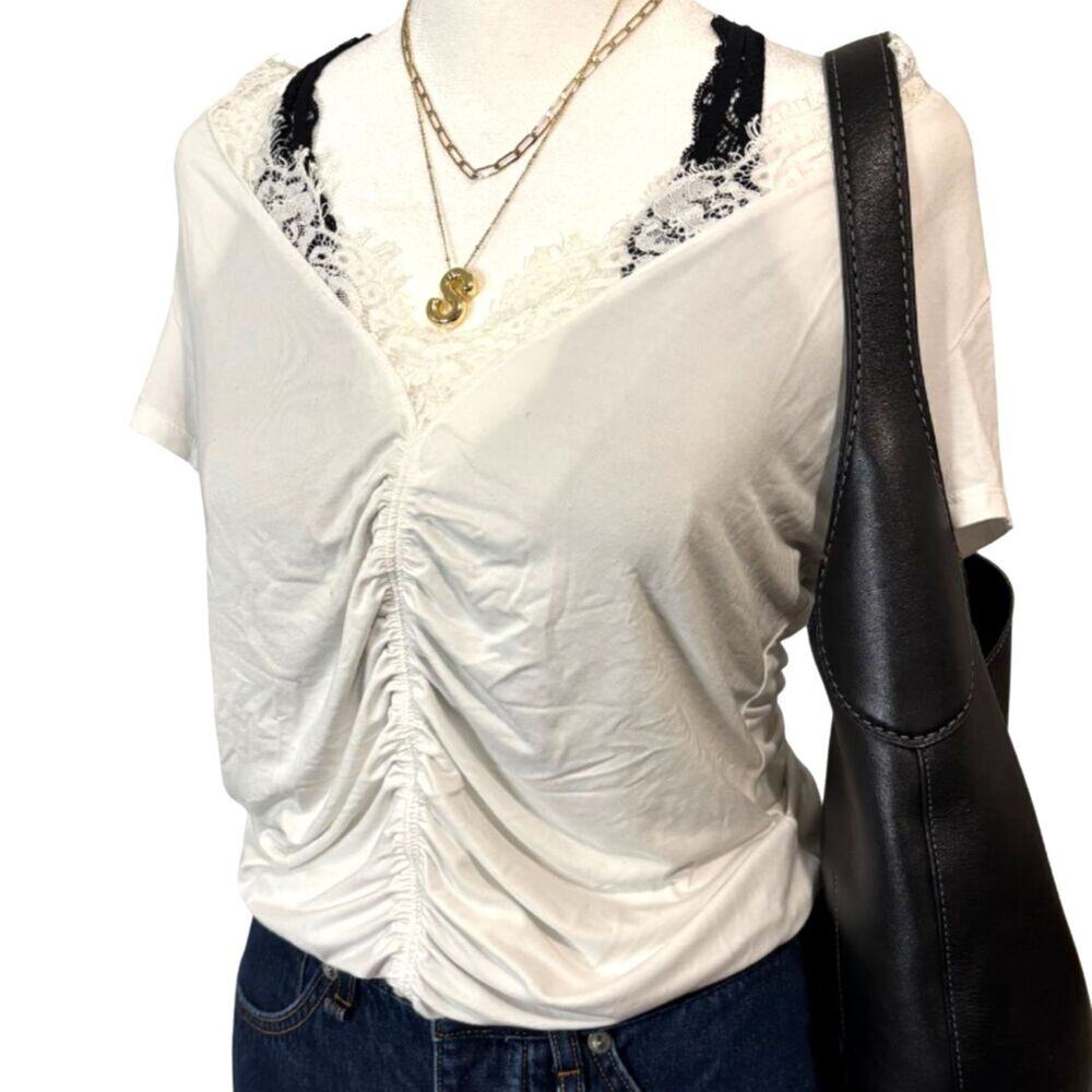Generation Love White Ruched Lace Trim V-Neck Top Ivory Lace Detail Size S